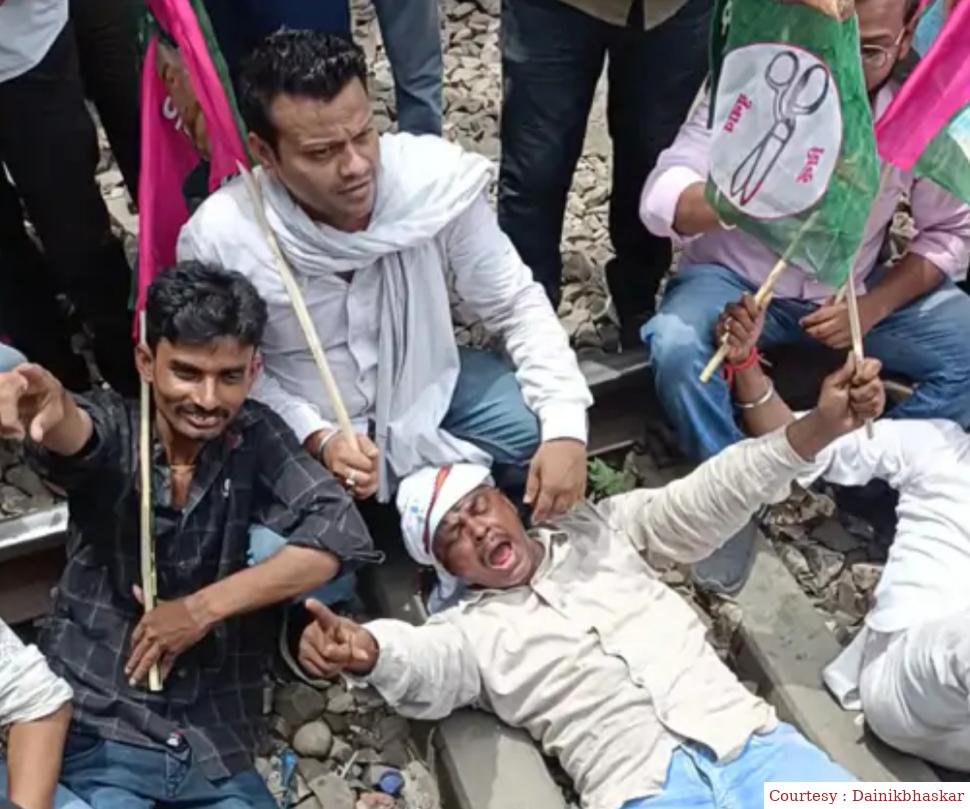 Demonstration of chant workers on railway track against Manipur violence and Bihar Domicile policy.