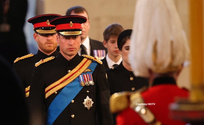 Queen Elizabeth children and grandchildren seen around the coffin