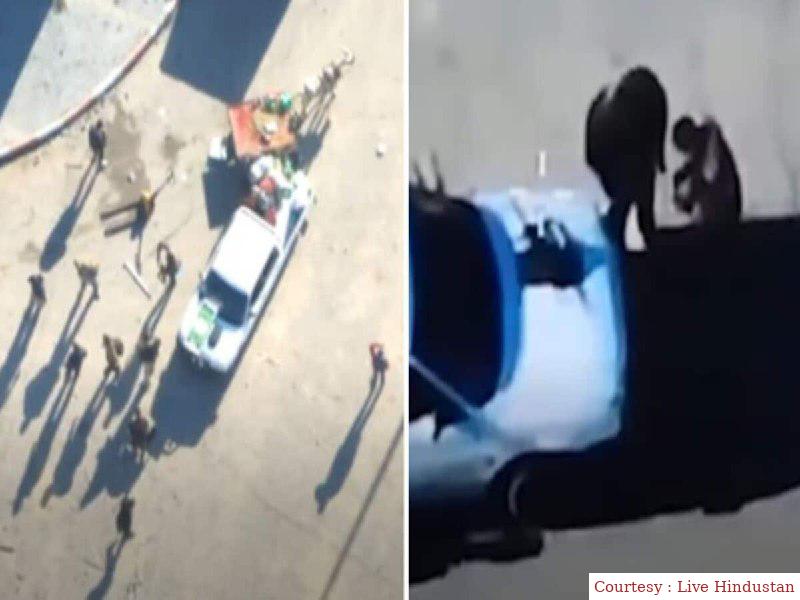 Hamas terrorists are snatching food from the people of Gaza on the gunny gun.