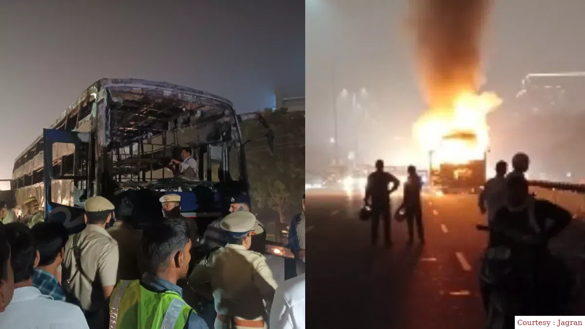 जयपुर- दिल्ली स्लीपर बस में लगी आग, 2 लोगों की मौत, कई घायल।