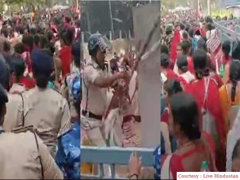 Police charged lathi on women who went to meet Tejashwi Yadav.