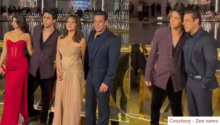 Salman Khan poses with Shah Rukh Khan's son Aryan Khan during NMACC red carpet